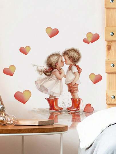1pc Cute Heart-Shaped People Wall Decal Sticker, Removable Bedroom/Living Room Decor For Valentine's Day