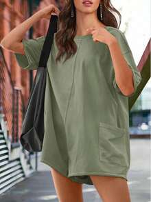 Monos para mujer 2025 Mono deportivo de verano oversize de manga corta con bolsillos - Verde militar - Ver 2