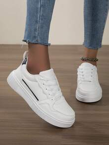 女士休闲帆布鞋，时尚百搭白色平底鞋，轻便舒适的运动鞋 - 白黑 - 查看 6