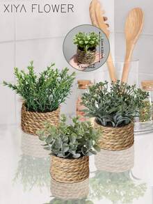 3pcs/Set Artificial Woven Mini Planters: Eucalyptus, Rosemary, And Mimosa Artificial Plants In Different Shapes, Seagrass Ropes, Gifts, Artificial Plants, Grass Mounds, Green, PE Material, Polyester Fiber Material, Handmade, Wedding Decor, Graduation Gift Decor, Valentine's Day, Easter Decor, Home Decor - Green - View 9
