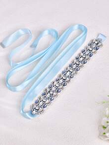 1 قطعة شريط زفاف مموج من البلور، حزام فستان زفاف عصري، إكسسوار خصر لخادمة العروس، ديكور فستان حفلة - أحجار الراين الزرقاء الفاتحة - مشاهدة 8