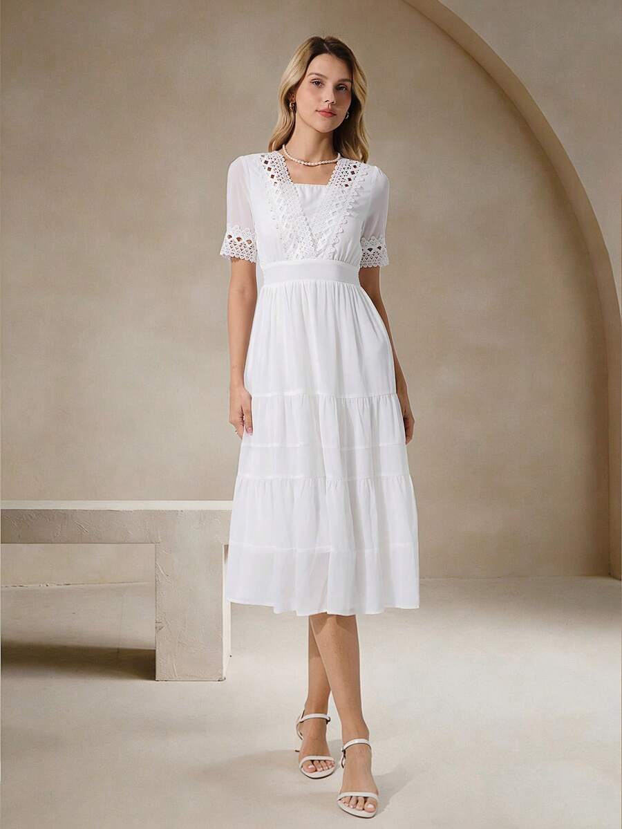 ELYRADIA 女士白色中长连衣裙，优雅成熟风格，透气轻盈，适合婚礼宾客、夏季度假及休闲穿着。
