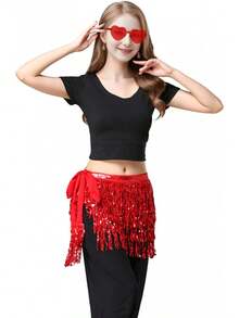 Sequin Belly Dance Scarf Tassel Wrap Sparkly Fringe Skirt With Pair Heart Party Rave Costume Women - 紅色 - 查看 7