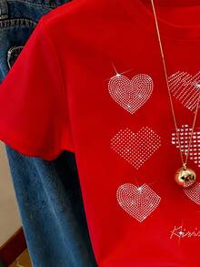 T-shirt à col ras-du-cou à manches courtes de mode minimaliste pour femmes de grande taille avec décoration de strass en forme de cœur, cadeau pour les amis - Rouge - Voir 4