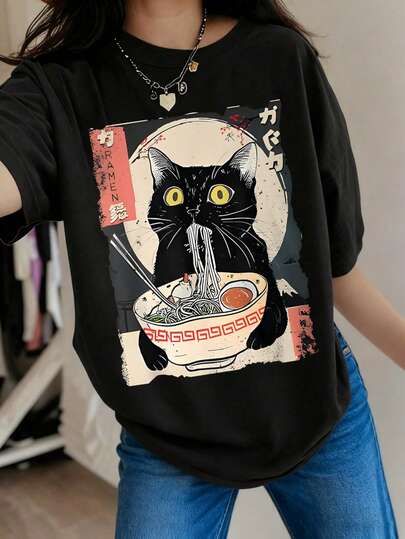 Women's Cartoon Cat And Ramen Print Graphic Tees For Girl Short Sleeve T Shirts, Suitable For Daily Wear, Going Out, Party, School, Attending Music Festivals, Vacation, Commuting. Can Be Given As A Gift To Family, Boyfriend,Girlfriend, Friends,Girls Summer Clothes