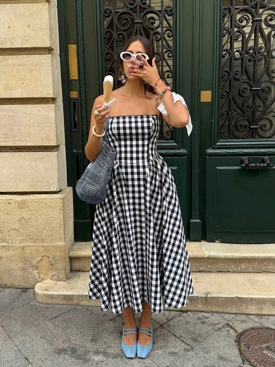 VIBEWAVE 黑白格子吊带中长连衣裙，收腰A字连衣裙，2026夏季款 - 黑與白 - 查看 1