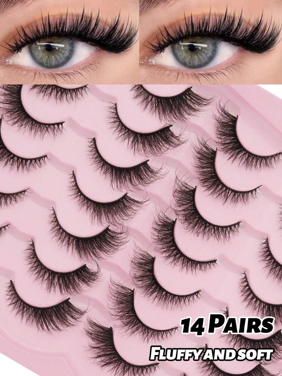 14 Pairs D-Curl Fluffy & Soft Strip Lashes, Reusable & Beginner-Friendly, The Elongated End Of The Eye Makes Your Eyes More Eye-Catching, Easy-To-Apply For Daily & Glam Eye Looks, High-Quality Comfortable Eyelash Set, Valentine's Day Gift, Cute Small Gift For Women, Travel Essential Easy To Carry