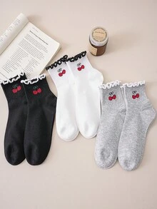 3/6 đôi tất nữ mới, màu đen trắng xám, viền bèo, màu anh đào, tất cổ ngắn đơn giản cho hoạt động ngoài trời, thể thao, dành cho học sinh, mùa tựu trường. - Nhiều màu - Xem 8