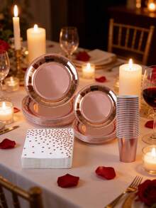 40件套玫瑰金派对餐具套装，可供10人使用，包含纸盘、纸杯、餐巾纸，耐用一次性餐具，适用于生日、婚礼、新娘送礼会、周年纪念日等场合。 - 彩色 - 查看 1