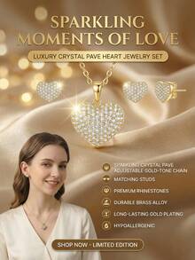 3pcs Set Glamorous Rhinestone Paved Heart Pendant Necklace & Stud Earrings, Gold Tone Fashion Jewelry Set For Women Party Gift - Gold - View 4