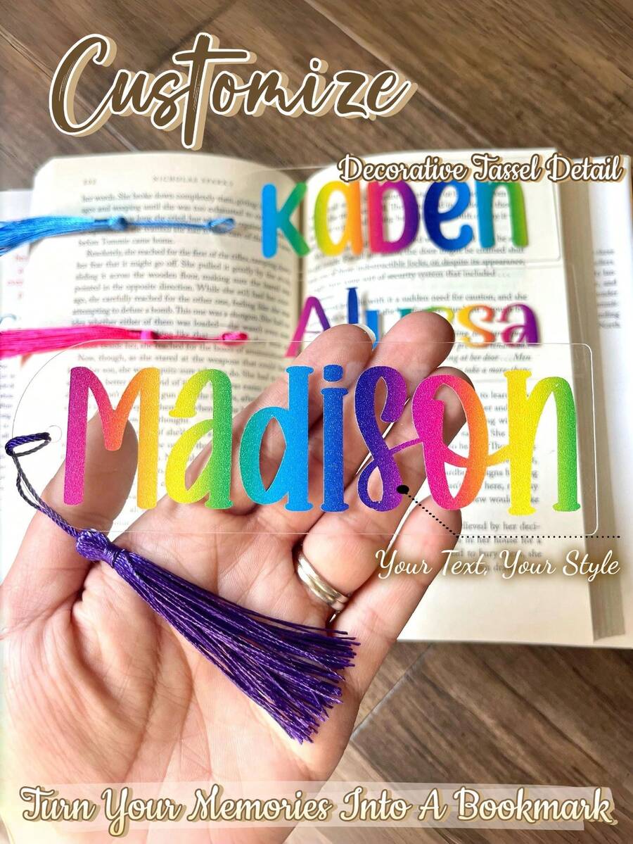 Personalized Acrylic Bookmark With Tassel, Customized Rainbow Name Bookmark, Valentine's Day Gift For Book Lovers, Personalized Text Bookmark, Aesthetic Reading Accessory, Gift For Her/Him, Party Favor Bookmark, Customized Quote Bookmark, Everyday Reading Gift - Multicolor - View 1