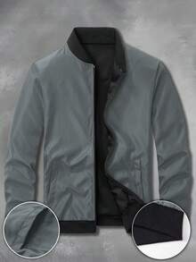 Outdoor Sports Casual Stand Collar Baseball Jacket Solid Color Zipper Jacket - Light Grey - View 3