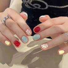 4 Boxes 96Pcs Short Squoval Press On Nails Sweet & Cool Blue Press On Nails, Short Oval False Nails With European Square Tips For Skin-Brightening,  Style Removable Fake Nails For Women & Girls, All Season Wear For Daily, Party, Date.Christmas Nail,Poly Gel Nail Kit,Nail Charm,Christmas Party. - 混合裝633 - 查看 3