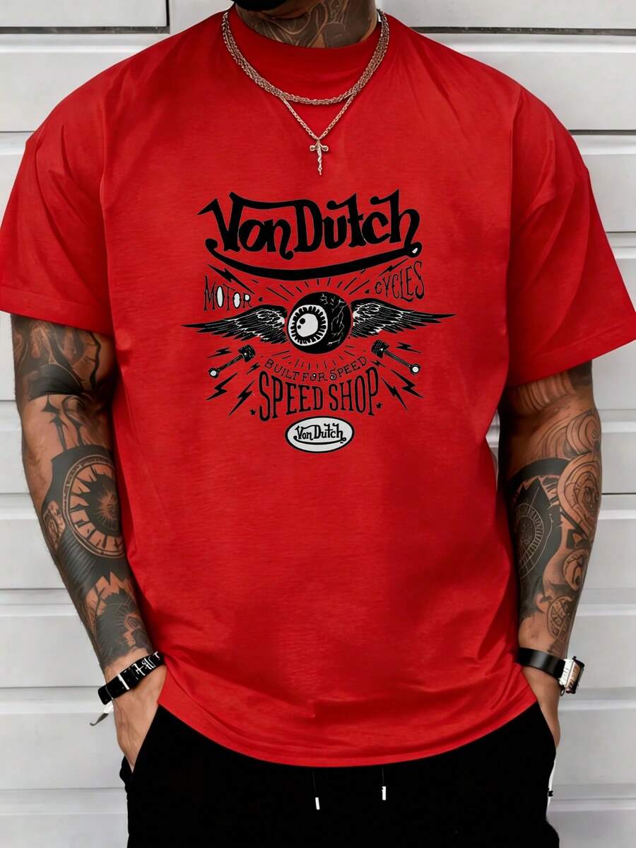 1Pcs Men's Tops 220G Graphic Tee Women Gothic 100% Cotton Y2K Swag Men Clothes Motor Cycles Graphic Printed T Shirt Valentine's Day Gifts For Men Summer, Motor Speed Shop Built For Speed Eye With Wings Graphic Tee - 紅色 - 查看 1