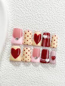 10pcs Macaron Nail Stickers, French Manicure, Decorated With Red Polka Dots And Hand-Painted Red Hearts, Shiny Rhinestone Hearts, Small White Hearts Nail Art Decor. Includes Nail Tools, 3 Shapes: Almond, Duck Mouth, And Coffin, Suitable For Parties, Daily Wear, Photography, Valentine's Day, Gatherings, An Excellent Gift For Girls And Women. Nails Handmade Press On Nails - Nhiều màu - Xem 16