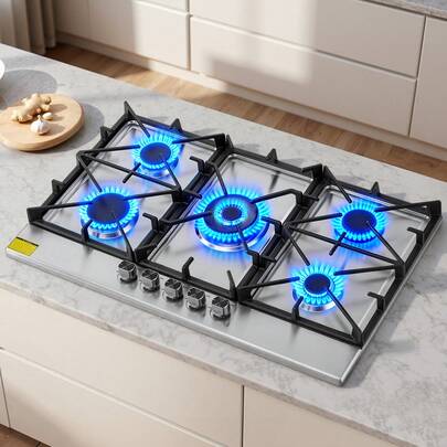 36 Inch Gas Cooktop 5 Burners Gas Stove Top, Max 38300BTU Built-In Stainless Steel Stove Top LPG/NG Convertible Dual Fuel Cooktop Stoves With SABAF Dual-Ring Burner For Kitchen Apartment Rvs