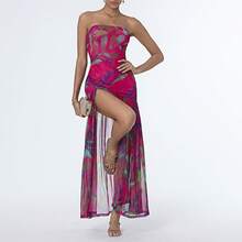 Women's Tube Top Dress Slim Strapless Backless Mesh Patchwork Tropical Leopard Print High Slit Long Dress for Party Club Night - Morado - Ver 5