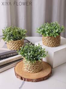 3pcs/Set Artificial Rattan Potted Plants, Seagrass Rope, 3 Identical Green Plants, Made Of PE And Polyester Fiber, Desktop Decor For School, Dorm, Office, Home, Back To School, Valentine's Day, Easter, Spring/Summer - Green - View 6