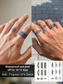 2Pcs Men Tattoo Fake Ring Temporary Tattoos Geometric Y2K Semi Permanent Tattoo Waterproof Sweatproof Last For 1-2 Weeks Realistic Herbal Juice Anti-Friction Non-Reflective Black For Men Tattoo Stickers For Arm, Chest, Leg, Abdomen - HD - View 2
