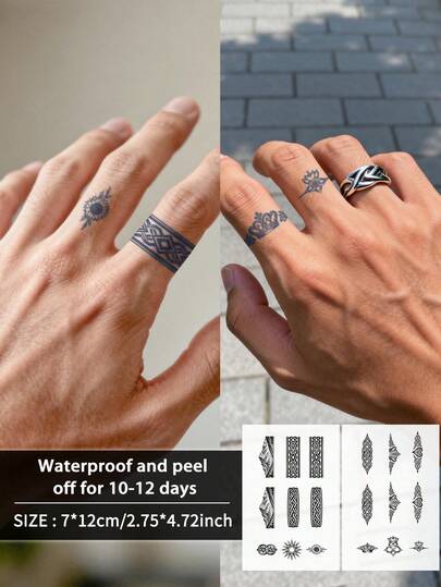 2片装男士纹身贴纸，假戒指图案，几何Y2K风格，半永久纹身，防水防汗，可持续1-2周，逼真草本汁液效果，防摩擦，不反光，黑色，男女通用，可用于手臂、胸部、腿部、腹部、腰部、手指、颈部、脊柱等部位，现代主义人体艺术
