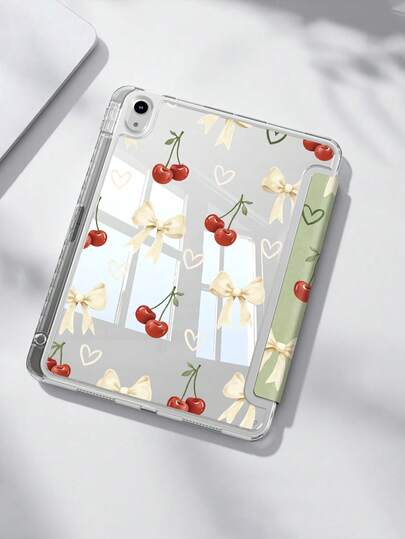 Beige Bow & Cherry Double-Sided Painted Effect Acrylic Crystal Cover For IPad 11/IPad 10/IPad 7/8/9th/IPad Air 7th 11inch/IPad Air 5th/Kindle Paperwhite 11th, Tablet Case Compatible With Samsung Galaxy Tab A9 Plus,3+Y Fold Anti-Bend, Reinforced Silicone Corners, Auto Wake/Sleep Function, Built-In Pencil Slot, Multi-Angle Foldable Stand - Perfect Daily Protection, Great Holiday Gift