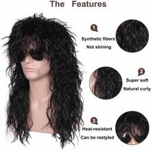 70s 80s Hair Metal Rocker Hippie Costume Accessories - Long Curly Black Synthetic Costume Wig For Halloween, Cosplay, Anime, Themed Parties Unisex Adjustable Design - Black - View 4