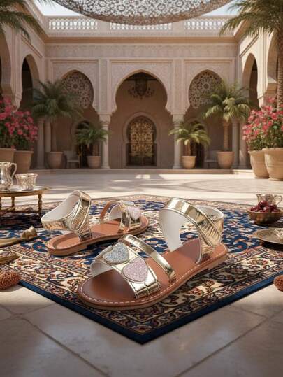 1 Pair Gold Color Heart Patchwork Design Cute Children Flat Sandals, Vintage Solid Color Shiny PU Leather Upper, Fashion Lightweight Comfortable Casual Girls Shoes, Flexible Elastic Lining, Non-Slip Rubber Sole, Suitable For Princess Dresses And Jumper Dresses, Fit For 3-18 Years Old Girls Daily, School, Street, Birthday Party, Holiday, Beach, 2026 Spring/Summer New Arrival