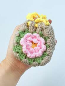 Women's Handmade Crochet Headphone Case Floral Design Drawstring Bag Mini Knitted Storage Pouch For Earbuds And Creative Gift Ideas - 卡其色 - 查看 3