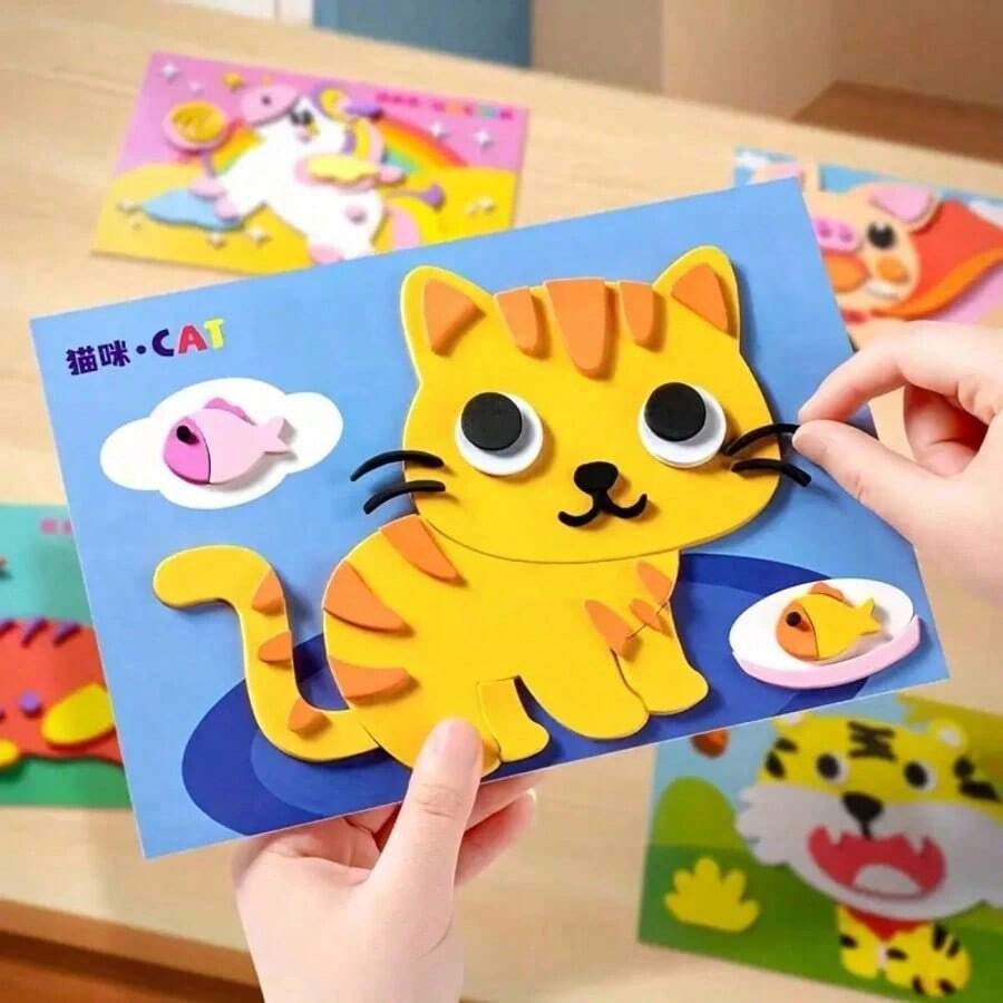 6pcs EVA Foam 3D Stickers - Kids DIY Craft Project | Cartoon Animal Educational Stickers | Children Painting Set | Creative Art Activity Kit, Fun Gift To Inspire Hands-On Ability - Multicolor - View 1