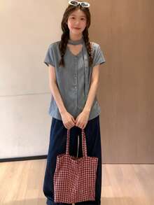 Women's Striped Front Button Pocket Casual Vacation Shirt - Blue Stripes - View 4