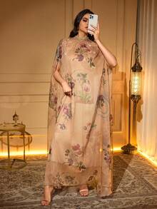 Elegant Floral Print Kaftan Robe With Faux Pearl & Applique Details, Batwing Half Sleeve Stand Collar Caftan Eid - Camel - View 3