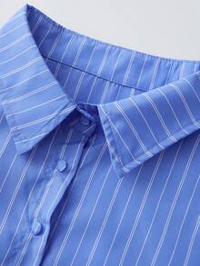 Womens Shirts Flare Long Sleeve Lapel Collar Button Down Casual Striped Print Slim Fitted Blouses - 藍色 - 查看 4