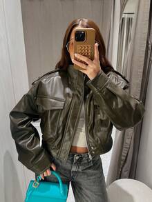 Leather Jacket Bomber Cropped Jackets Woman Zip Up Green Coats For Women Long Sleeve Ladies Streetwear Going Out Jacket - Green - View 1