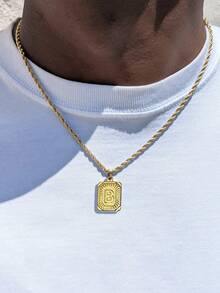 VJS Men's Necklace With Square Pendant And Initial Letter, Stainless Steel Beaded Chain, Personalized A-Z Letter Design - Gold - View 5