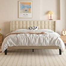 Superior Bronz VECELO Headboard Queen Size Linen Upholstered Headboards Only With Nailhead Trim Wingback Square Stitched Design Adjustable Height From 40" To 49.8" Oatmeal - Oatmeal - 查看 4