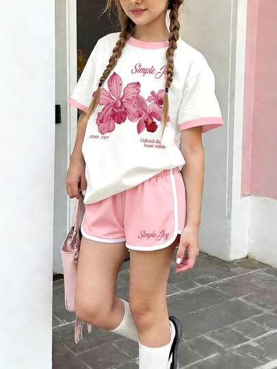 Set de 2 piezas con top de bloque de color con estampado floral lindo y shorts deportivos para adolescentes, de tela suave, conjunto casual de verano, ropa para niñas, prendas para adolescentes, shorts para niñas, conjunto para niñas