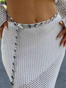 1pc Women's New Ellipse Metal Waist Chain, Fashion Versatile Body Jewelry Accessory Dresses - Bạc - Xem 5