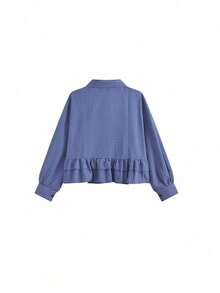 Plaid Ruffle Trim Long Sleeve Blouse Tops, Spring New Arrival - Blue - View 5