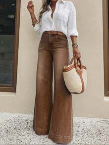 Women's Casual Wide Leg Jeans, Elegant & Fashionable Long Style, With Pockets, Medium Stretch Washed Fabric - 摩卡棕 - 查看 2