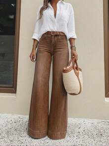 Women's Casual Wide Leg Jeans, Elegant & Fashionable Long Style, With Pockets, Medium Stretch Washed Fabric - 摩卡棕 - 查看 3