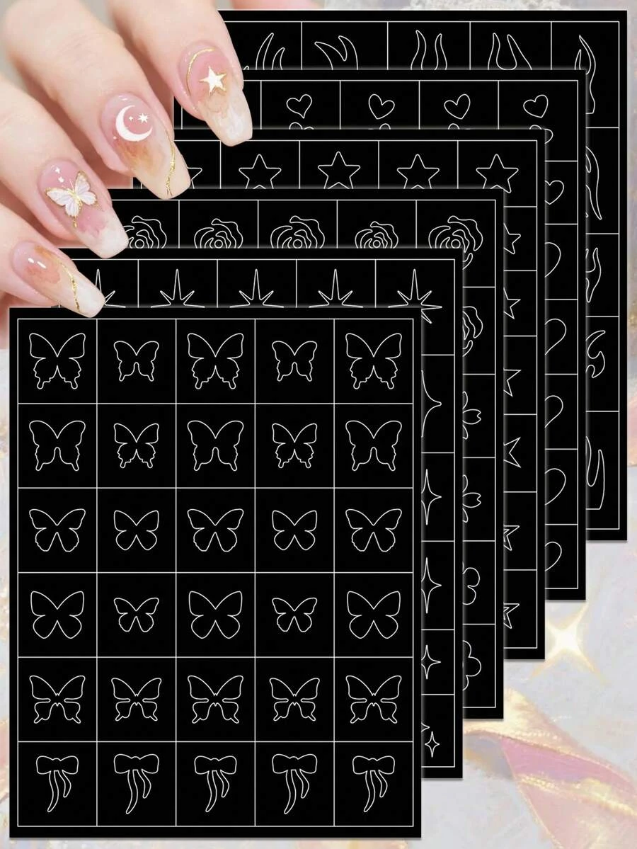 3/6张极简黑色线条美甲贴纸，白色轮廓心形星星蝴蝶花朵图案，适用于DIY美甲美甲用品 - 彩色 - 查看 1
