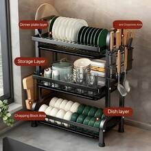 2025 Escurridor de platos, Escurridor de cocina de tres niveles que ahorra espacio para encimera, Estante de almacenamiento de metal para encimera de cocina con tabla de cortar, Escurridor de platos de gran capacidad, Escurridor de platos de tres niveles con escurridor de platos, Escurridor de platos para platos, tazas, palillos, cucharas y tenedores, Negro, Día de San Valentín, Decoración del hogar, Artículos esenciales de cocina, Decoración de cocina - Negro - Ver 6