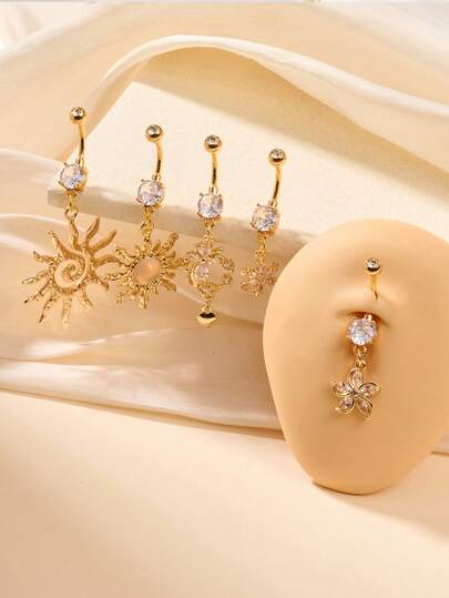 CIZME 1 pieza Anillo de ombligo con colgante de estrella y luna chapado en oro de 18K, anillo de ombligo con colgante de sol, joyería de piercing de ombligo de 14G, joyería de regalo para el Ramadán para mujeres, anillo de ombligo con estrella y luna para celebración del Eid