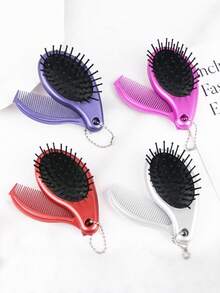 三合一便携式美发梳，配有珍珠链、镜子和扁平梳齿，可折叠，两用，带按摩功能，时尚气垫梳，适合所有发质，旅行和日常必备，可爱吊坠礼品，派对小礼物 - 彩色 - 查看 2