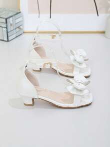 1 par de sandalias de tacón alto de verano para niñas, con doble capa de lazo de rhinestone, zapatos de princesa soñadora, punta cuadrada, adecuados para fiestas, reuniones y actuaciones escolares - Blanco - Ver 2