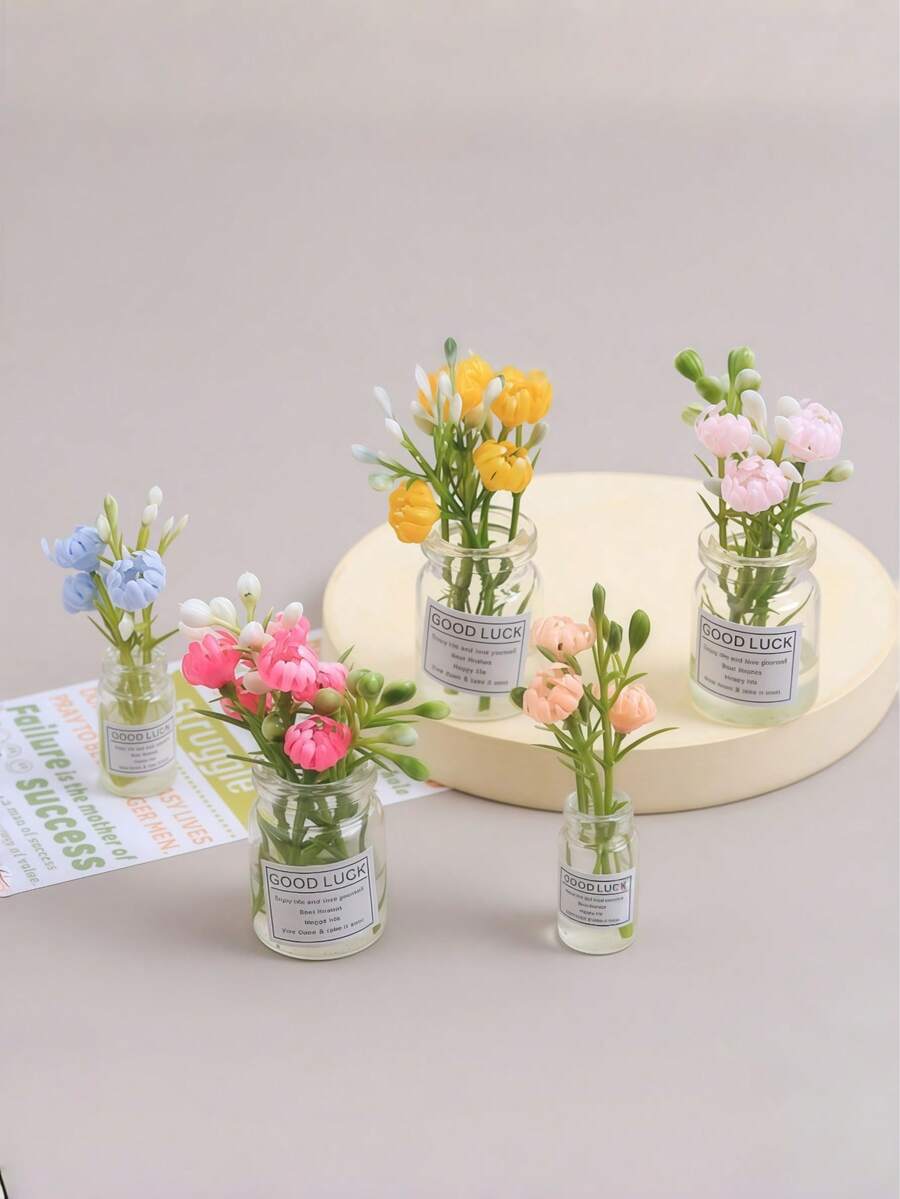 可爱花卉花瓶套装桌面装饰，办公配件，减压摆件，迷你桌面装饰，电脑显示器，办公空间（管道、机器、办公桌，临时礼物）房间装饰家居装饰摆件家居微缩物件人造花束 - 彩色 - 查看 1