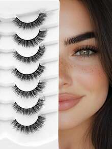 7 Pairs Of Natural Cross-Full Head False Eyelashes, Transparent Lash Stems, Suitable For Daily Wear, Comic Style, Travel Essential - Black - View 7