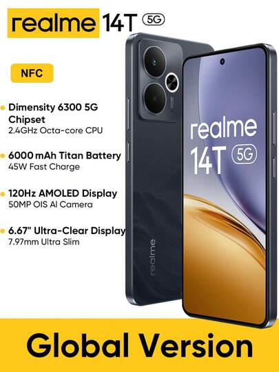 Realme 14T 5G 8GB+256GB 5G LTE，全球版，解锁手机，安卓 15 系统，支持 NFC，6.67 英寸 OLED 120Hz 显示屏，6000mAh 电池，5000 万像素摄像头，机身厚度 7.9mm，不含适配器