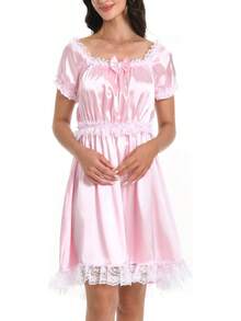 Satini Lingerie Satin  Babydoll Ruffles Frilly Lace Slip Nightwear Dress - Baby Pink - View 3