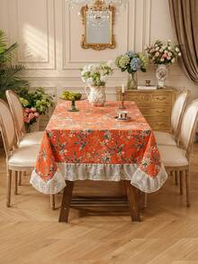 1pc Nordic Mink Velvet Floral & Bird Print Tablecloth, French Luxury Printed Tablecloth With Ruffle Edge, Suitable For Dining Room, Coffee Table, Living Room, Bedroom, Kitchen, Home Decor, Great For Party, Picnic, Wedding - Orange - View 6
